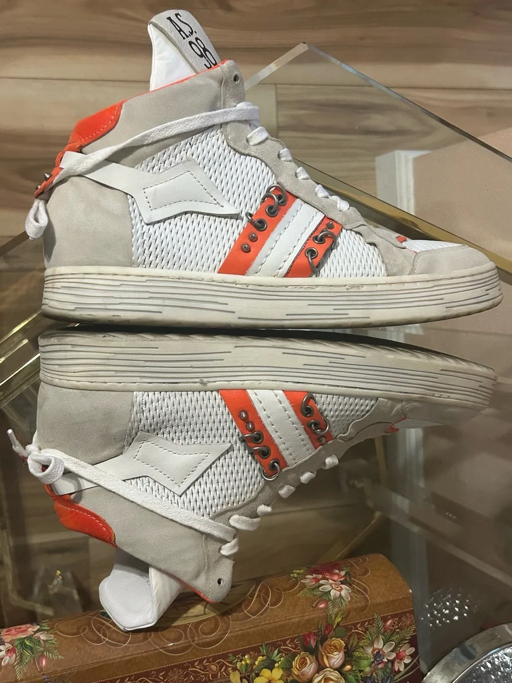 A.S.98 Women's High-Top Punk Rock Sneakers in White & Orange Size 40/9-9.5